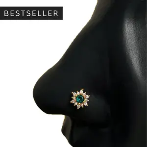 Statement Gold Emerald Flower Nose Stud, Nose Rings for women, L-shape, Corkscrew Nose Rings, Nostril Piercing, Hypoallergenic Nose Jewelry, 20 gauge Nose Rings