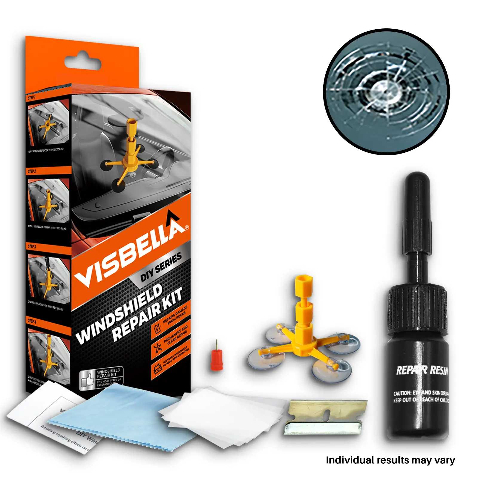Visbella Car Windshield Repair Kit with Resin, Transparent Repair Liquid, Cleaning Cloths & Scraper for Glass Chips, Star Cracks & Clear Visibility Maintenance