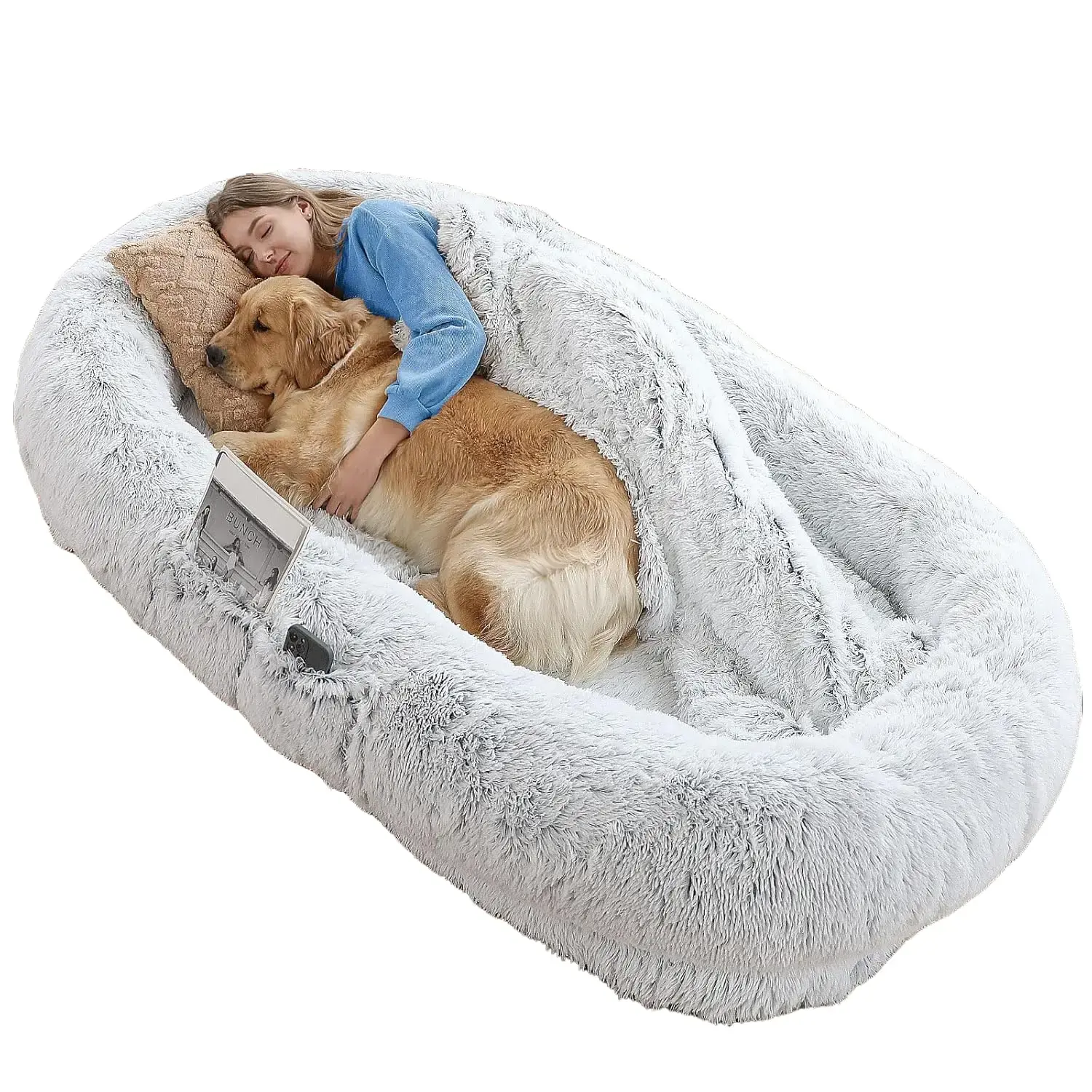 Giant Plush Fabric Dog & Human Bed for Adults - Egg Crate Foam, 2X Bolsters, Non-Slip Base, Removable Machine Washable Cover, Ergonomic Design, Pressure Relief, Convenient Handles, Easy Maintenance, Giant Size