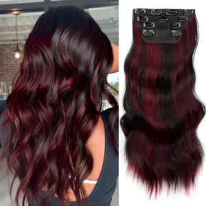 Hair Extensions, 4Pcs Clip in Hair Extensions Natural Soft and Thick Synthetic Hairpieces for Women (20Inch Black Burgundy mixed)