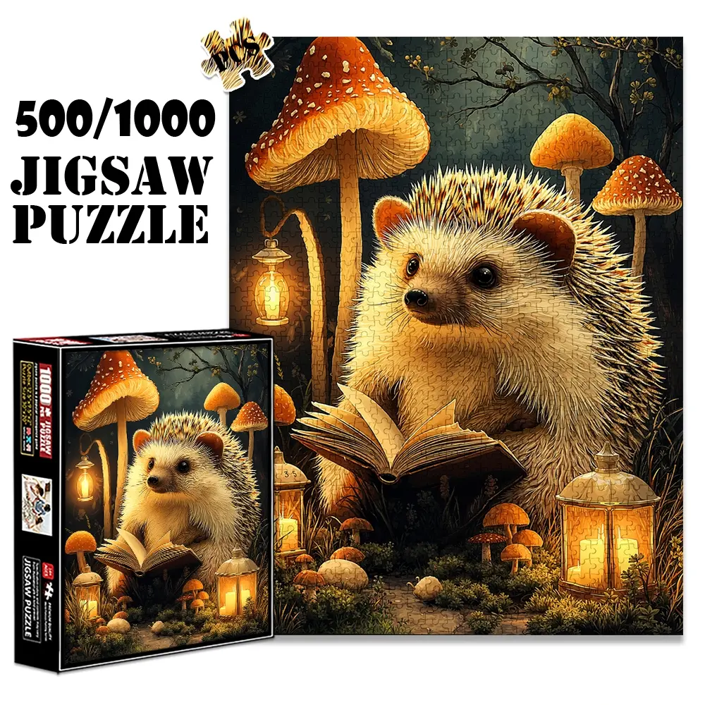1pc 1000 piece adult Family Puzzle 70x50cm Hedgehog Reading Book Among Mushrooms with Lanterns 500 pieces paper jigsaw puzzle suitable for DIY creative games for adults and families, birthday and holiday st