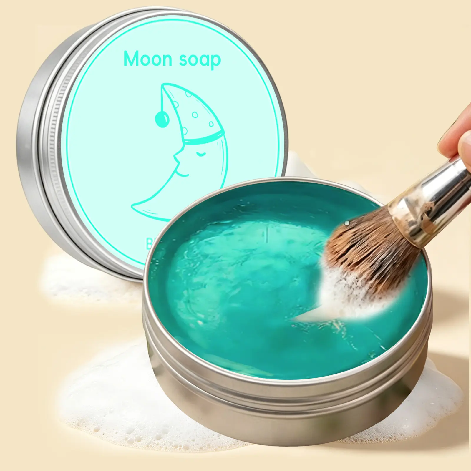 Moon-Shaped Makeup Brush Cleansing Bar—a cleaning tool for makeup sponges and brushes. This portable cleansing bar features a coconut scent and provides a deep clean without leaving any residue.