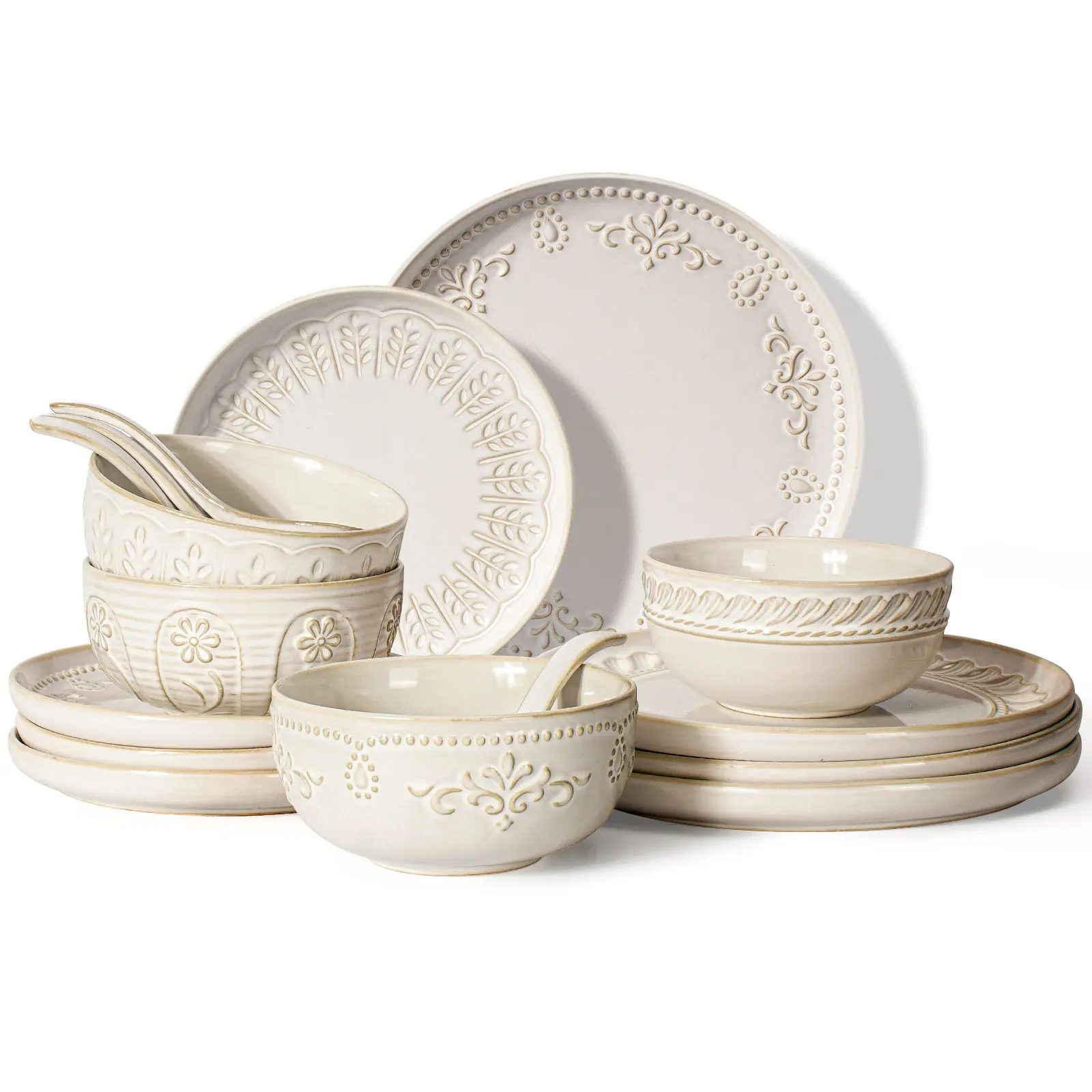 Plates And Bowls Sets, 16 Pieces Dinnerware Sets, Dish Set For 4, Ceramic Kitchen Bowl And Plate Set, Embossed White Dishware Sets, Dishwasher & Microwave Safe Cutlery Tableware Multiple Patterns