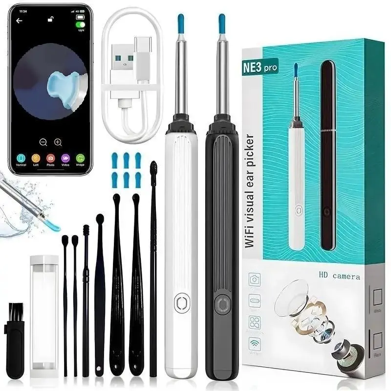 Portable Ear Cleaner Earwax Removal with Camera, 1 Box Ear Wax Removal Tool with 6 Counts Ear Spoons & 8 Counts Ear Wax Removal Tools, Ear Cleaning Tool for iOS & Android, Ear Canal Cleaner