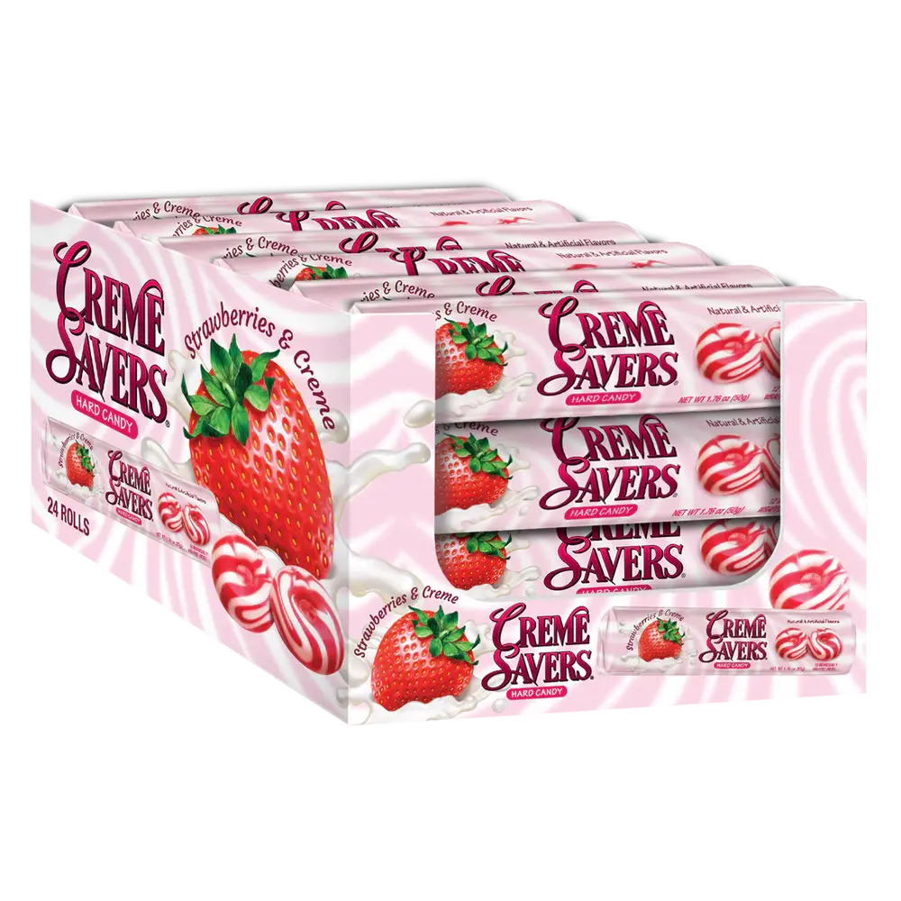 Crème Savers Strawberry & Crème Rolls 24 ct. - Hard and Smooth Candy with Strawberry and Creme Flavor - 24 Count Pack Snack Sugar