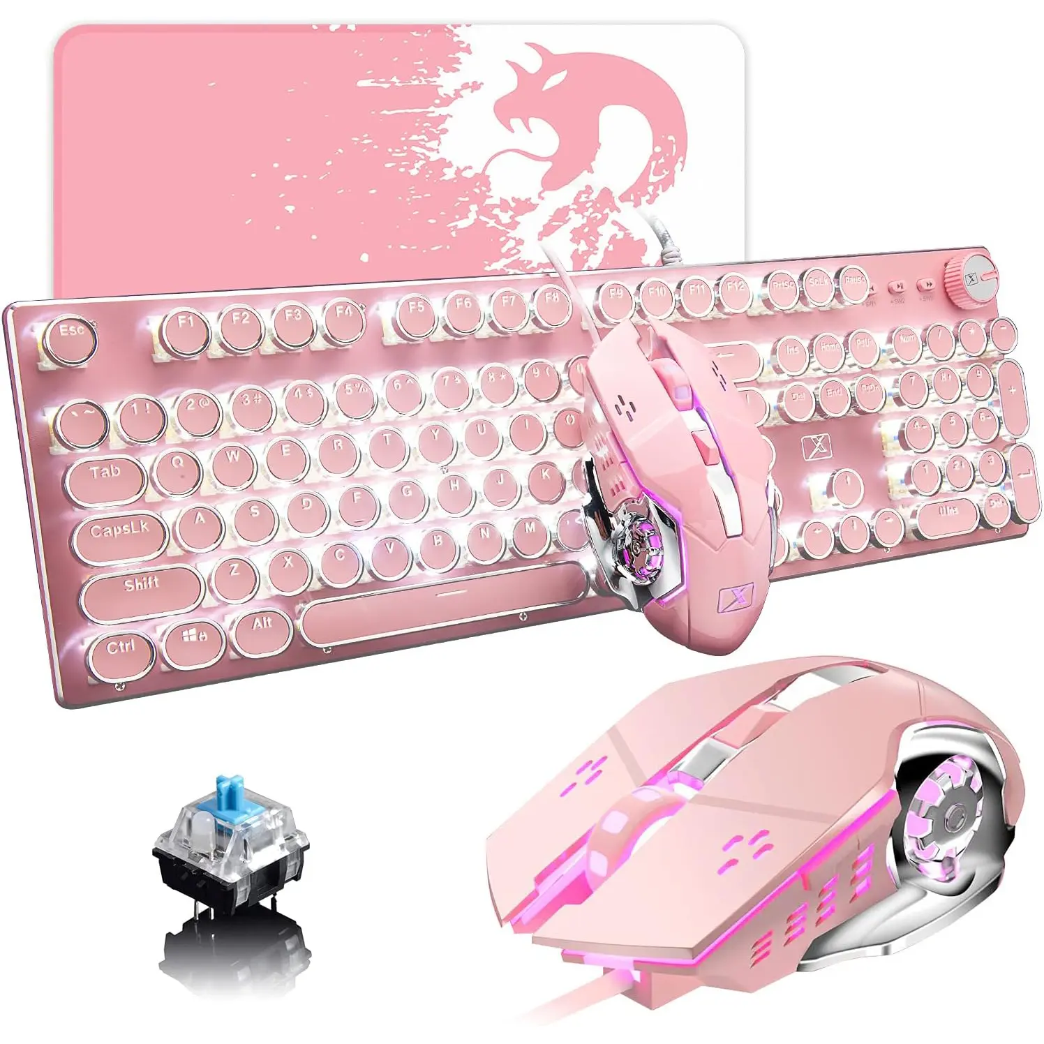 Pink Typewriter Keyboard and Mouse,Retro Vintage Mechanical Gaming Keyboard with White LED Backlit,104 Keys Anti-Ghosting Blue Switch Wired Cute Keyboard,Round Keycaps for Desktop PC/Laptop Mac office desk accessories