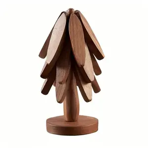 Natural Tree Trivet Set - 4 Wooden Trivets & 1 Stand - Heat-Resistant Foldable Design - Durable Solid Walnut Wood - Ideal for Hot Dishes Pots Bowls Teapots - Festive Kitchen Essentials - 2026 New Year's Gift Tableware Shaped Coasters