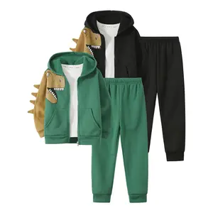 4-piece boy long-sleeved hooded dinosaur cartoon coat in autumn and winter children's autumn party fashion cute coat elastic waist solid color casual pants children's clothing