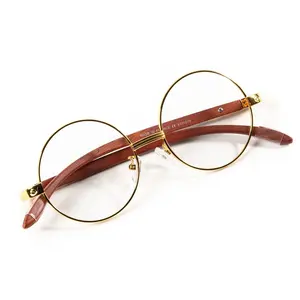 Vintage Men's Round Clear Tint Gold Lens Wood Frame Retro Shades Hip Hop Glasses