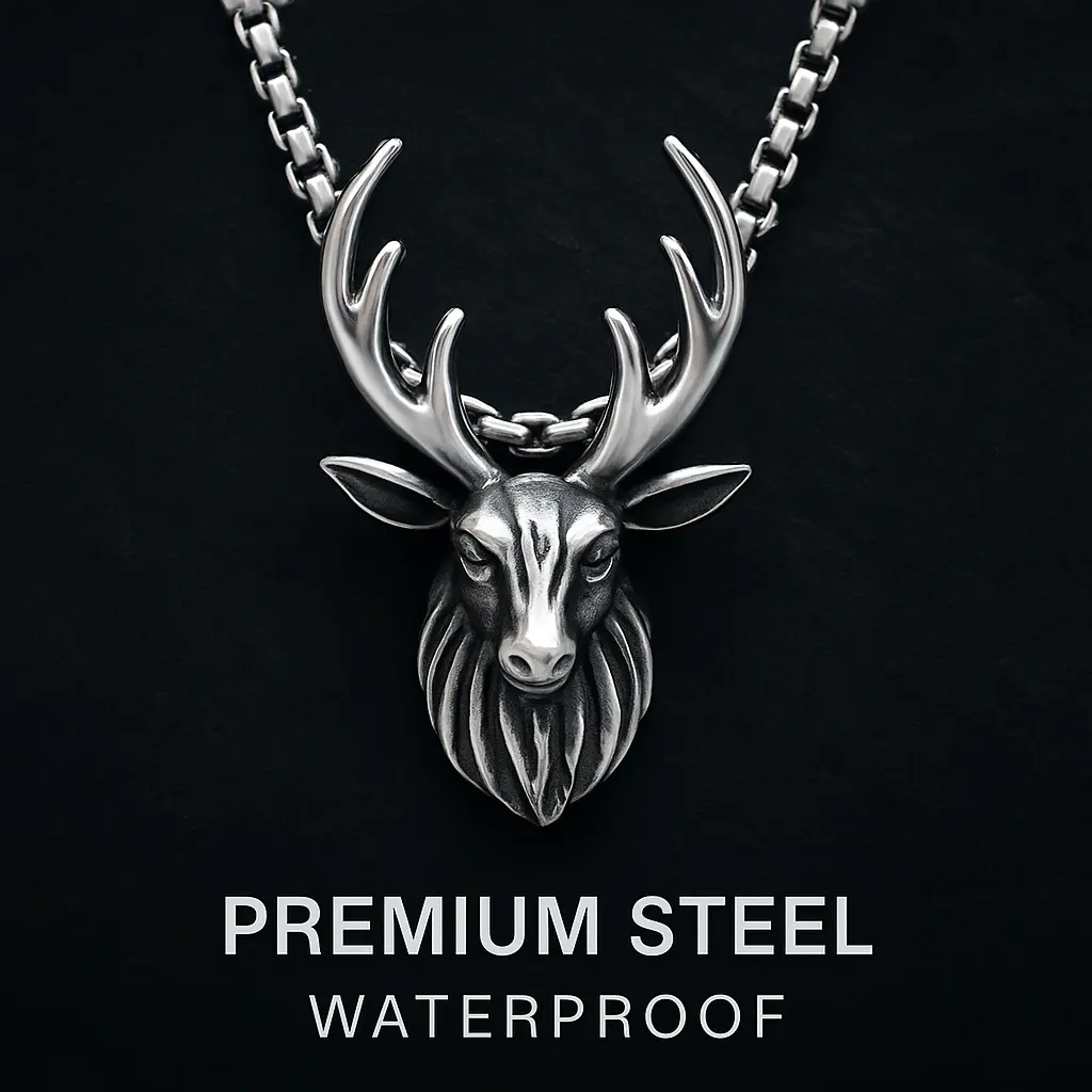 Men's Deer Head Necklace in Stainless Steel, Minimalist Waterproof Pendant with 24-Inch Chain, Durable Jewelry with Strength Symbol, Chain Jewelry Necklaces, Minimalist Necklaces