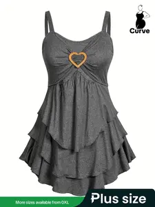 【Plus Size】 Heart Decor Tiered Layer Tank Top, Casual Sleeveless Ruched Top, Tank Tops for Women, Women's Plus Clothing for Summer Daily Wear