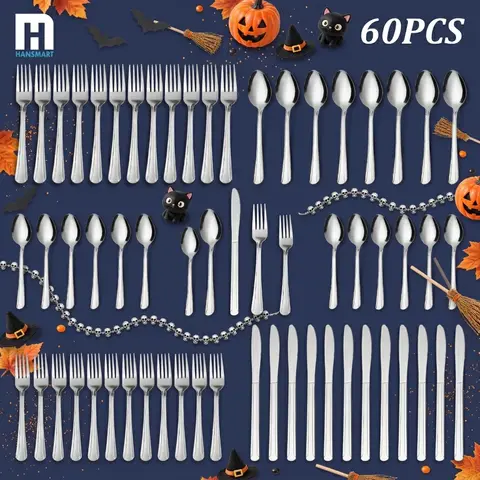 Dominion Style Stainless Steel Combo Cutlery Tableware Set (36/60/72/96/108/120PCS) - Elegant Modern Stripe Pattern, Reusable, Dishwasher Safe, Boxed, Everyday Use for Above 11 People, Camping, Halloween Parties, Perfect Gift for Home Dining, Housewarming