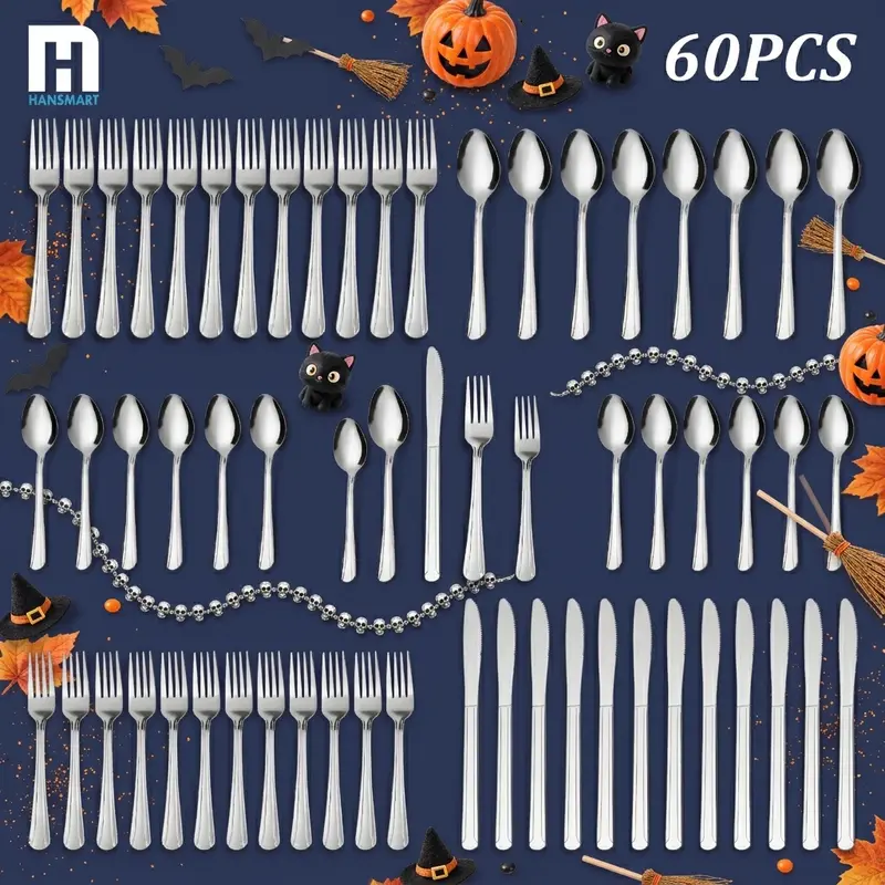 Dominion Style Stainless Steel Combo Cutlery Tableware Set (36/60/72/96/108/120PCS) - Elegant Modern Stripe Pattern, Reusable, Dishwasher Safe, Boxed, Everyday Use for Above 11 People, Camping, Halloween Parties, Perfect Gift for Home Dining, Housewarming