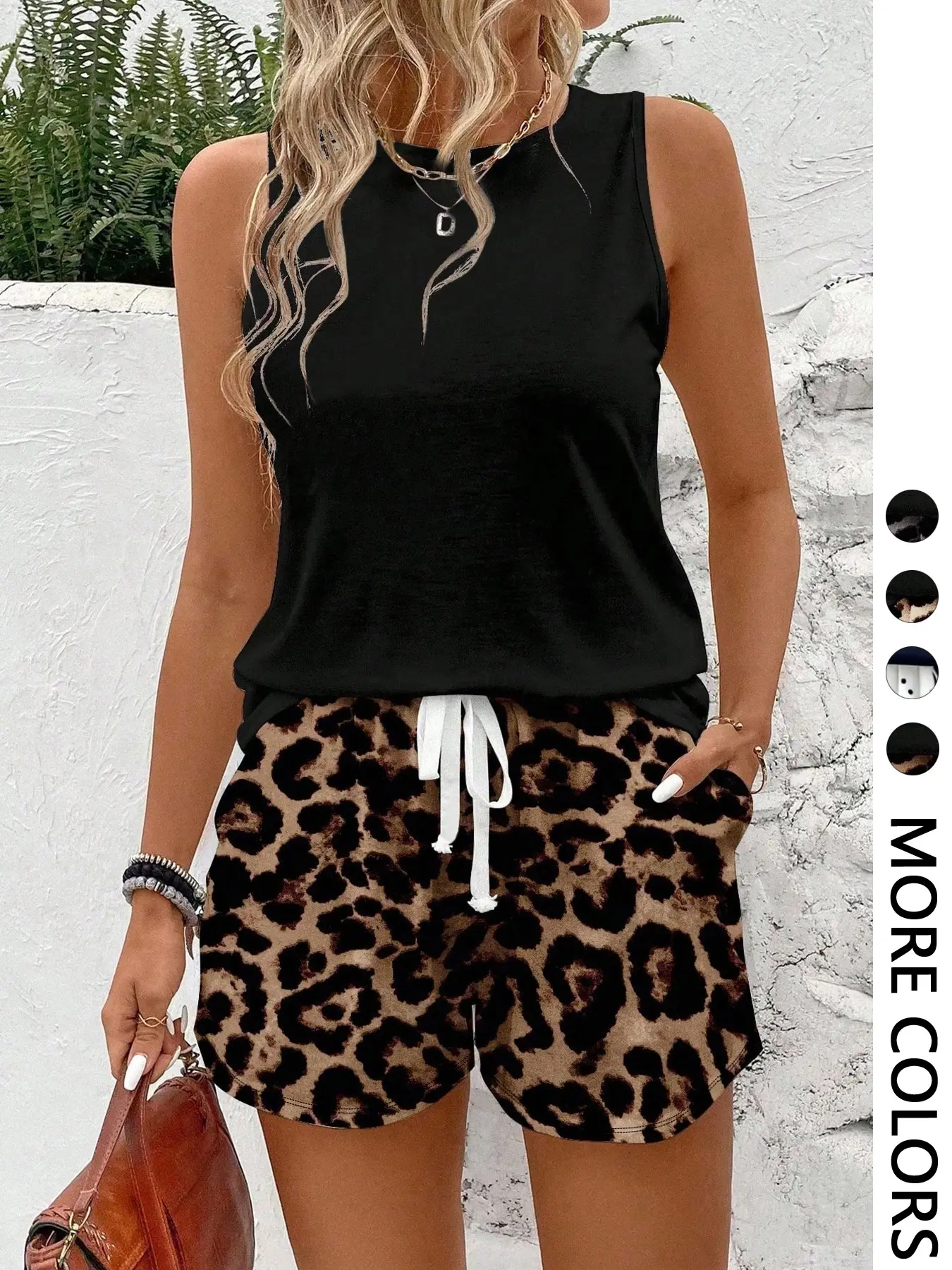 Women's Fashion Sleeveless Vest + Leopard Print Shorts Set, Casual Loose Fit Style Home Wear, 2 Piece for Daily Use