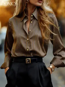 Women's Striped Satin Shirt Blouse Top Long Sleeve French Chic Style Elegance, Smooth Drape, Slight Stretch, Anti-Wrinkle, Slimming, Perfect for Office Commute, Dates, Parties