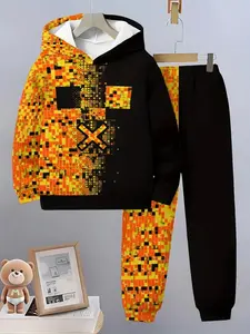 2026 New Boy Pixel Eye Printed Hoodie Set, Block Loose Sweatpants Two-Piece, Casual Slim-Fitting Spring & Fall