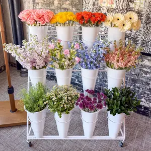 Flower Display Stand 3 Layers with 12 PCS Round Buckets, Plant Stand with Wheels, Movable Metal Plant Stand for Terrace Garden, Florist Shop