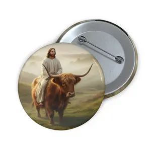 Jesus Riding a Highland Cow Pin Button — Religious Faith Lapel Pin