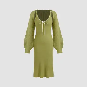 Cider [size 2-26] Knit Scoop Neckline Solid Knotted Midi Dress & Solid Hollow out Shrug Set