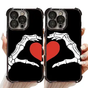 WSJCP Halloween Skeleton Hands Heart Couple Phone Cases - Dark Romantic Shockproof Pair Set For 17 16 15 14 13 12 11 X XS PRO PLUS MAX AIR Phone Case #YJYGSJDWSJCP1