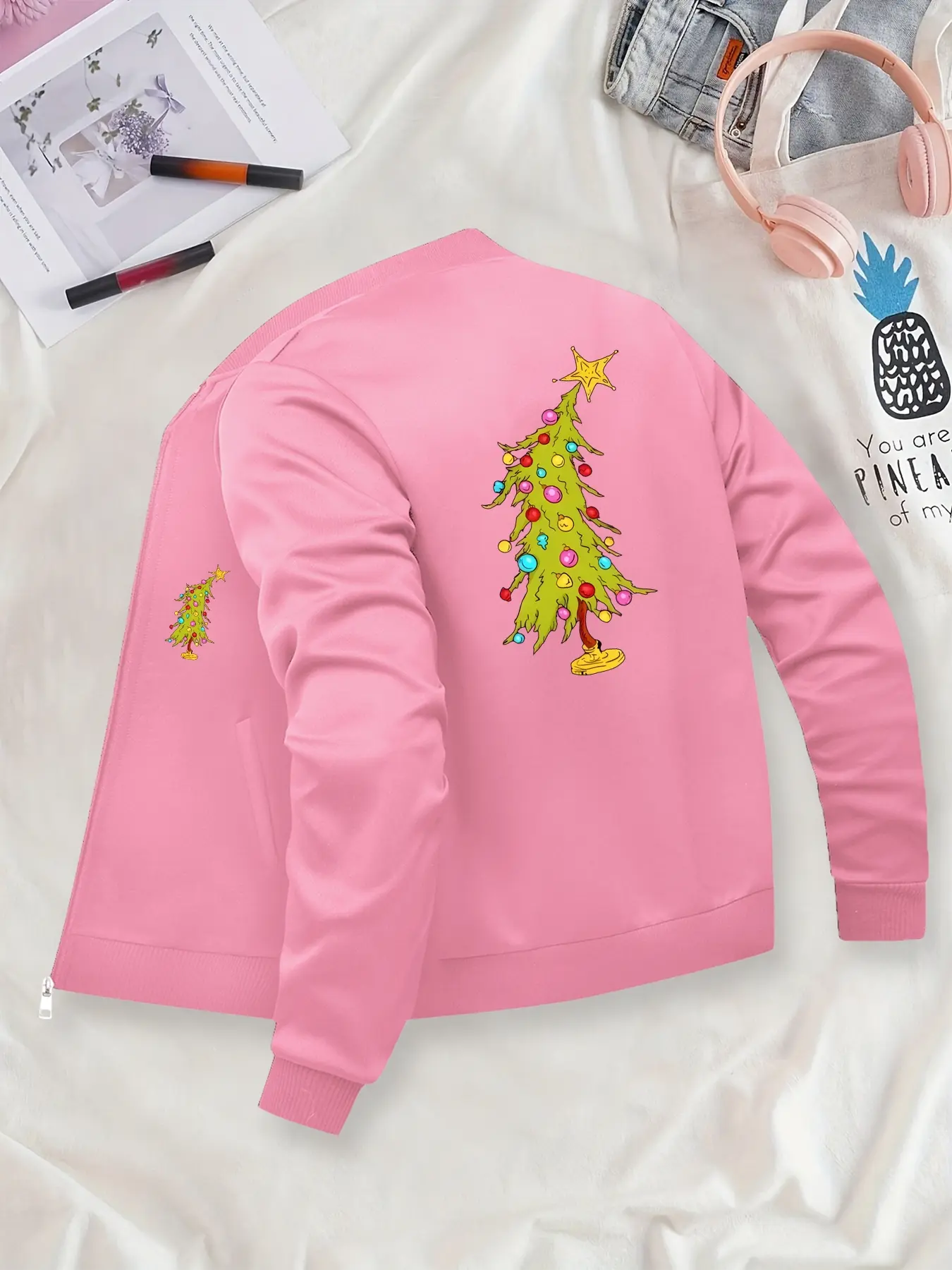 Christmas Print Long Sleeve Jacket, Women's Zipper Coat, Casual Daily Wear, Comfortable Fashion Design, Ideal Gift