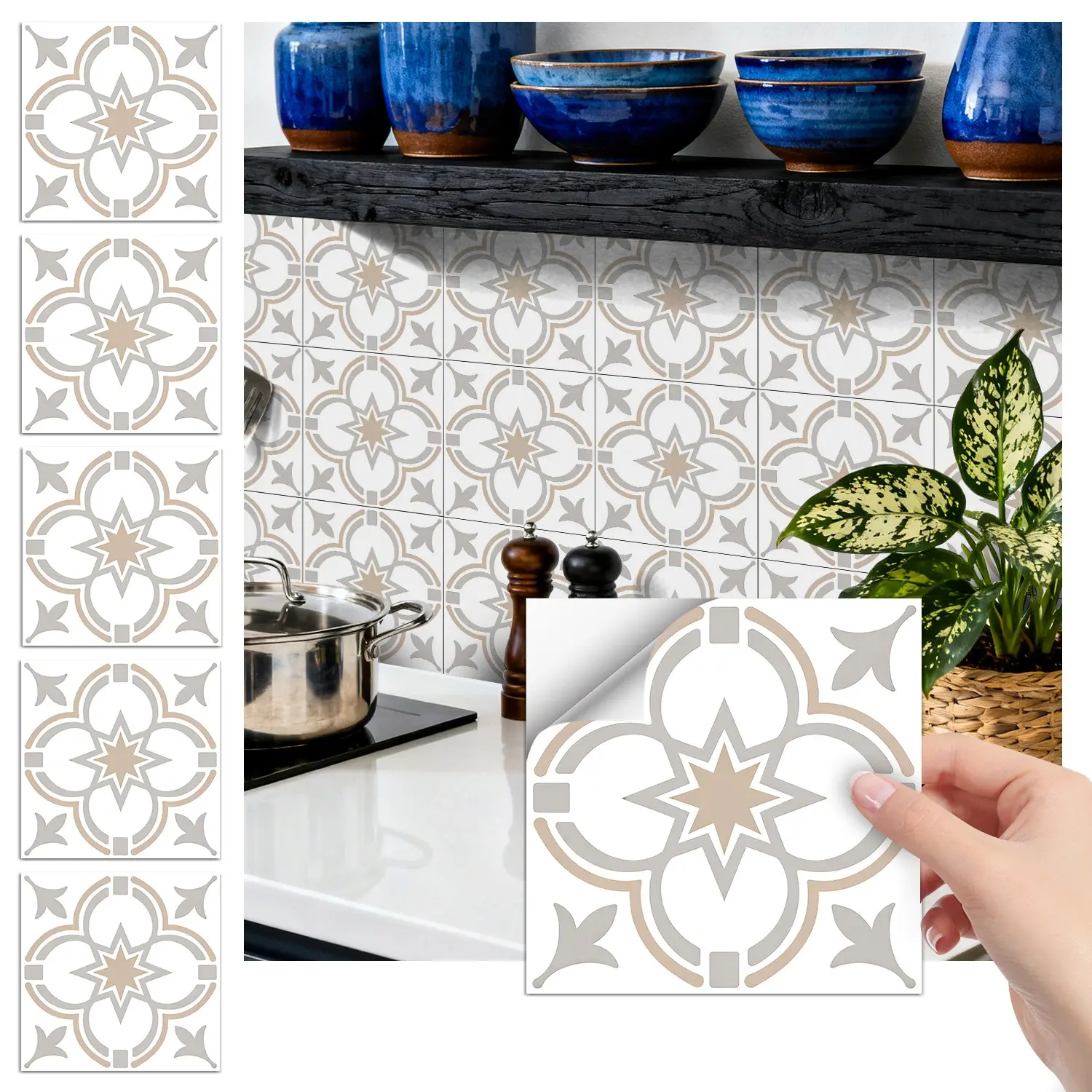 24PCS FHZ Vintage Beige-Gray Four-Leaf Geometric Tile Stickers | PET Matte Peel-and-Stick Splashback | DIY Waterproof Wall Art Stickers Decor for Home/Office/Stairs, Kitchen Bathroom Decoration