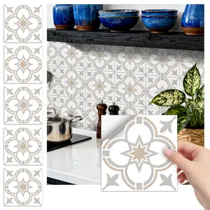 24PCS FHZ Vintage Beige-Gray Four-Leaf Geometric Tile Stickers | PET Matte Peel-and-Stick Splashback | DIY Waterproof Wall Art Stickers Decor for Home/Office/Stairs, Kitchen Bathroom Decoration