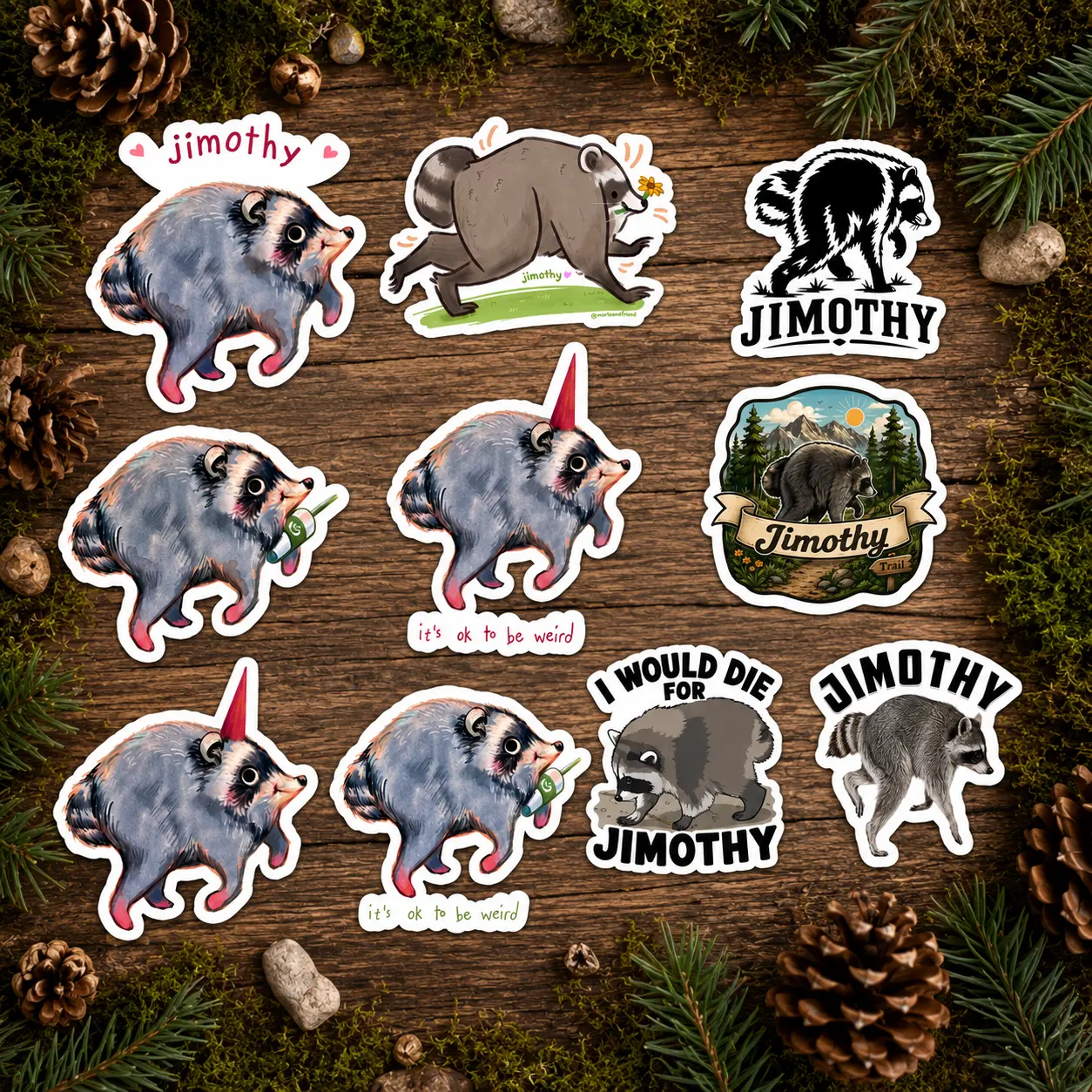 Jimothy Raccoon Sticker Pack – Funny Meme Vinyl Waterproof Decal Set for Laptop, Water Bottle & Journal