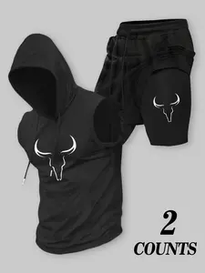 Men's 2-Piece Bull Head Gym Set - Sleeveless Hoodie & 2-in-1 Compression Shorts, Athletic Workout Outfit for Bodybuilding, Training & Running, Motivational Fitness Apparel, Sports Clothing Set