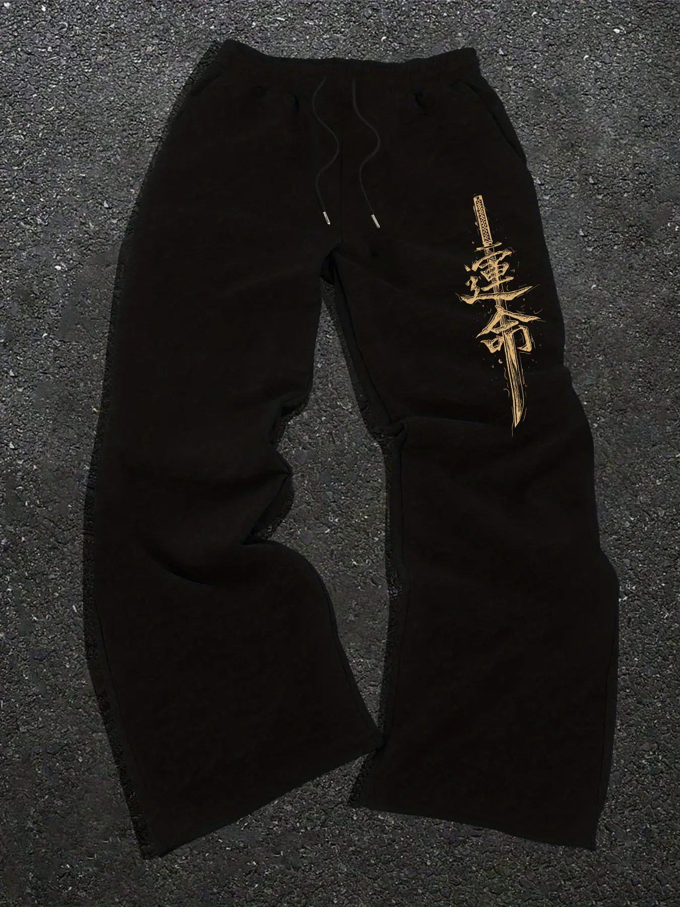 ⚔️✨Japanese Katana "Unmei" Wide Leg Knit Soft Sweatpants | Samurai Destiny Casual Streetwear Pants | Gold Foil Oriental Ink Art Trousers