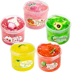 70ml Crystal Clear Slime with Watermelon Peach Avocado Pineapple Charms-Non-Sticky Soft Jelly Clay For Party Christmas Gift
