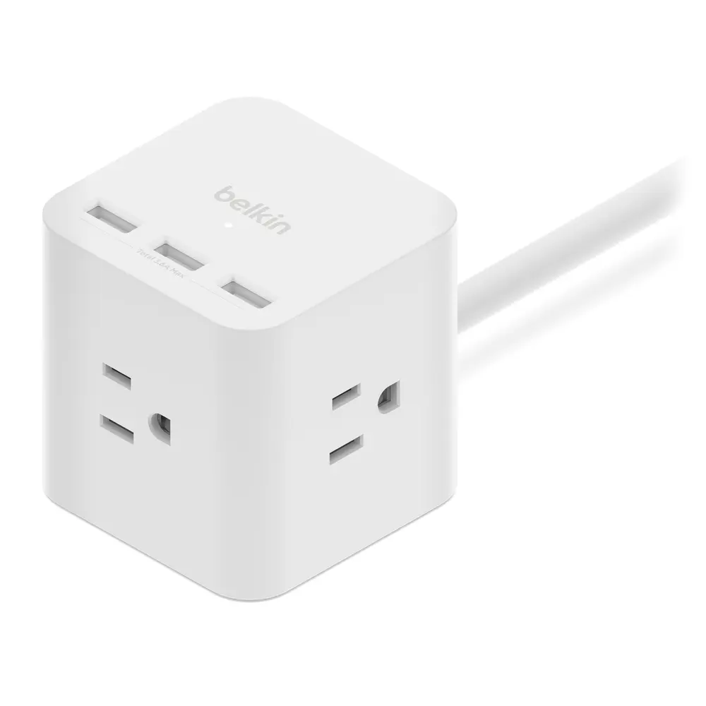 Belkin USB Power Socket Multi Plug (AC + USB) - 3 Outlet Power Cube Adapter with 5-foot Cord, Charges 6 Devices At Once, Compact, Portable, Longer Cable, Safe Charging, Durable, UL Certified, White