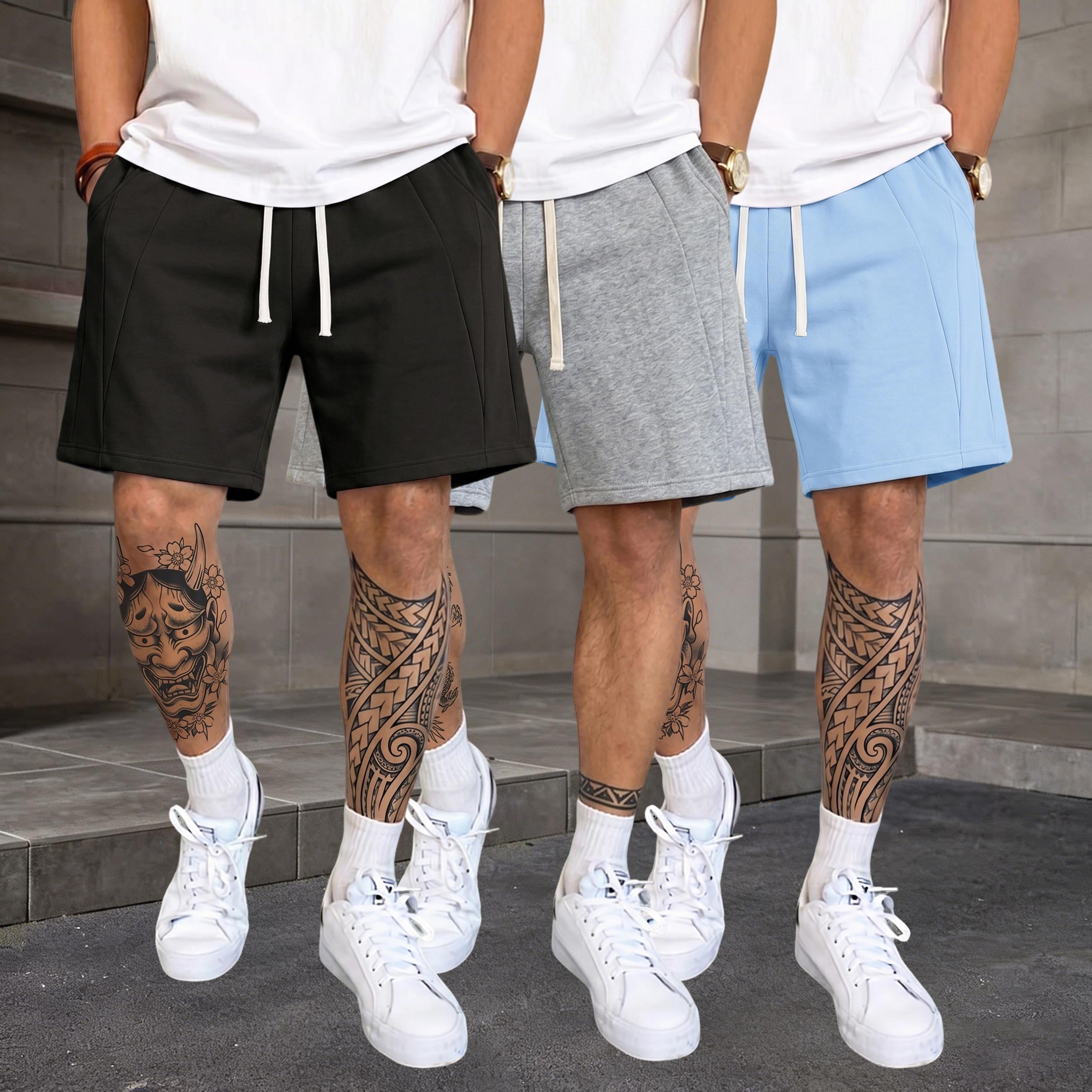 Pack of 3 men’s couple drawstring elastic-waist athletic casual shorts—summer outdoor wear, comfortable sweat shorts made of cotton, versatile with a niche design; fashionable, trendy, and easy to match.
