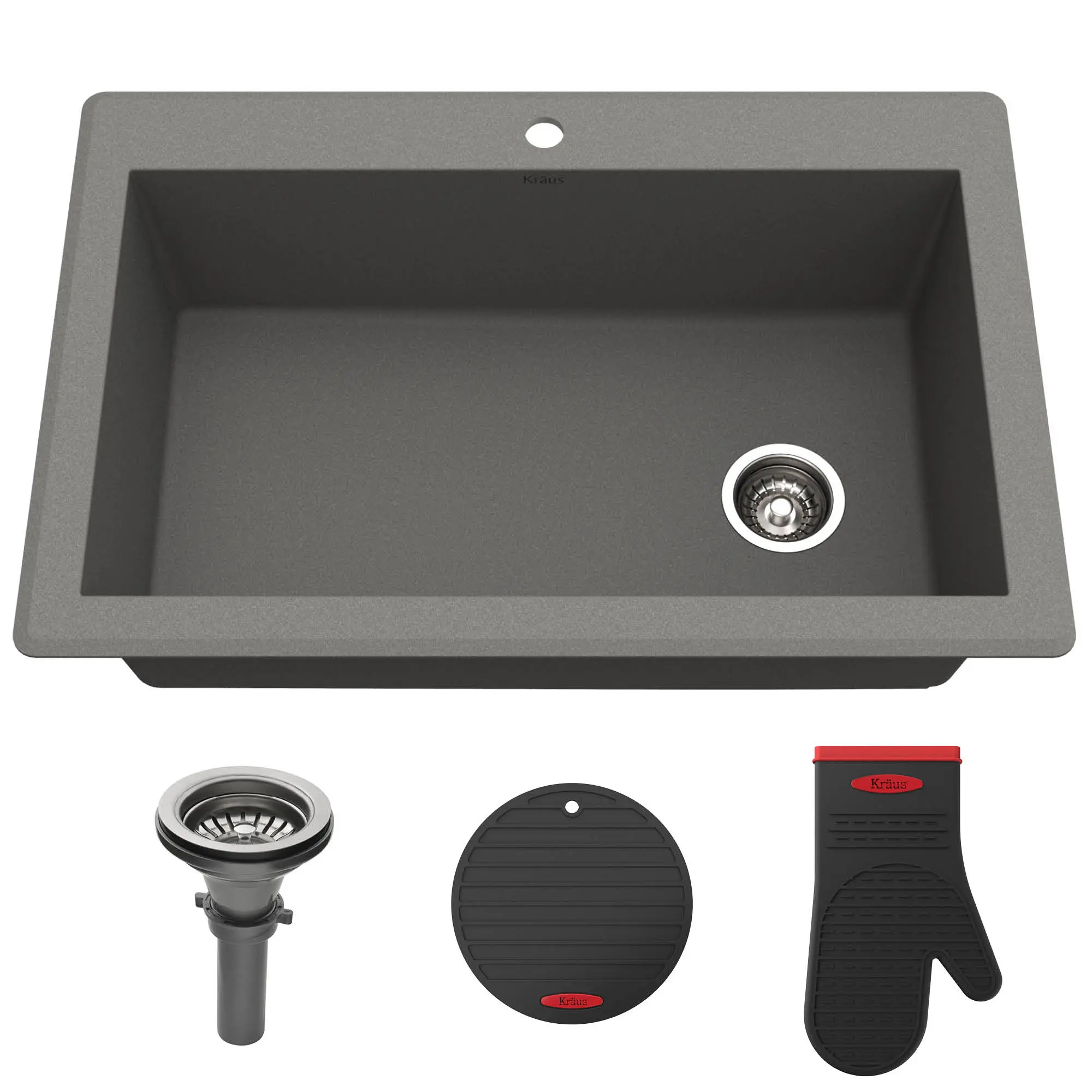 33 in. Dual-Mount Single Bowl Granite Kitchen Sink, Grey, Drop-In & Undermount Compatible, Heat Resistant & Heat-Safe Up to 650 Degrees F, 33" L X 22" W X 9.625" D