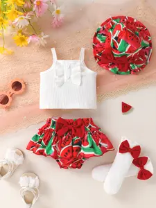 4-piece Elegant And Cute Baby Girl Set, Soft, Comfortable, Button Decoration Camisole Vest And Bow Decoration Watermelon Pattern Ruffle Layered Imitation Group Shorts With Socks And Sun Hat, Suitable For Leisure, Daily Life, Vacation And Party