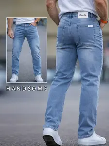Men's Ultra-Light Breathable Denim Jeans, Classic Light Blue Straight Leg Elastic Pocket, Soft Vintage Wash, Comfortable Summer Casual Pants