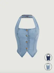 Women's Button Front Halter Neck Denim Top, Stylish Summer Fashion, Comfortable & Trendy, Perfect for Casual, Ideal for Daily Wear