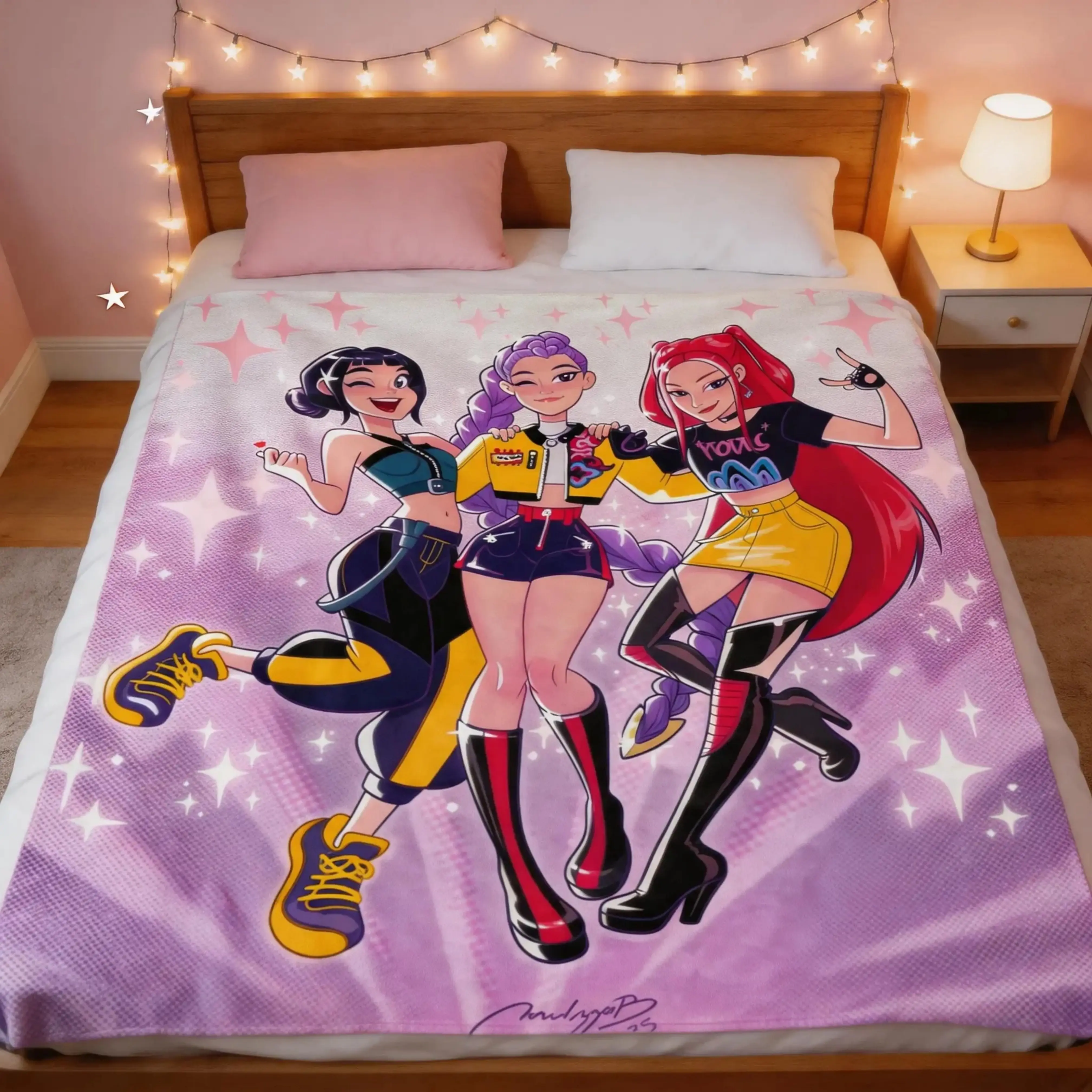 K-Pop Hunters Blanket, Soft Warm Trendy Throw for Fans,  Suitable for Both Children and Adults, Cozy Plush Blanket Anime Style Girl Group Throw Blanket Music Fan Gift Bedroom Decor Blanket Cute Character Color-Fillable Flannel Art Romantic Moonlit Roses