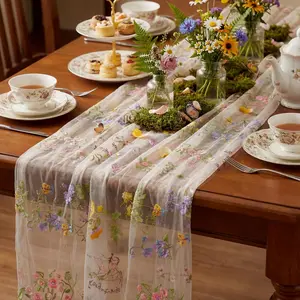 10ft Ivory White Floral Embroidery Tulle Table Runner Spring Wildflower Butterfly Gauze Decoration for Kitchen Dining Wedding Baby Shower Birthday Party 1 Pcs