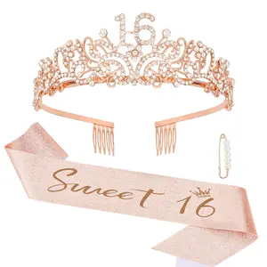16 Party Decorations Set - Rose Gold 16th Birthday Crown and Sweet 16 Sash Glitter Kit for Girls Birthday Happy Birthday Girl Tiara Birthday Party Supplies and Favors
