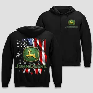 John Deere Hoodie Gildan, Leaping Deer Green Yellow Logo Clothing, American Flag Graphic Top, Distressed US Stars Stripes Shirt, Farm Tractor Machinery Gear, Patriotic Country Workwear, Men Women Long Sleeve Premium Black Cotton Apparel Gift For Farmer