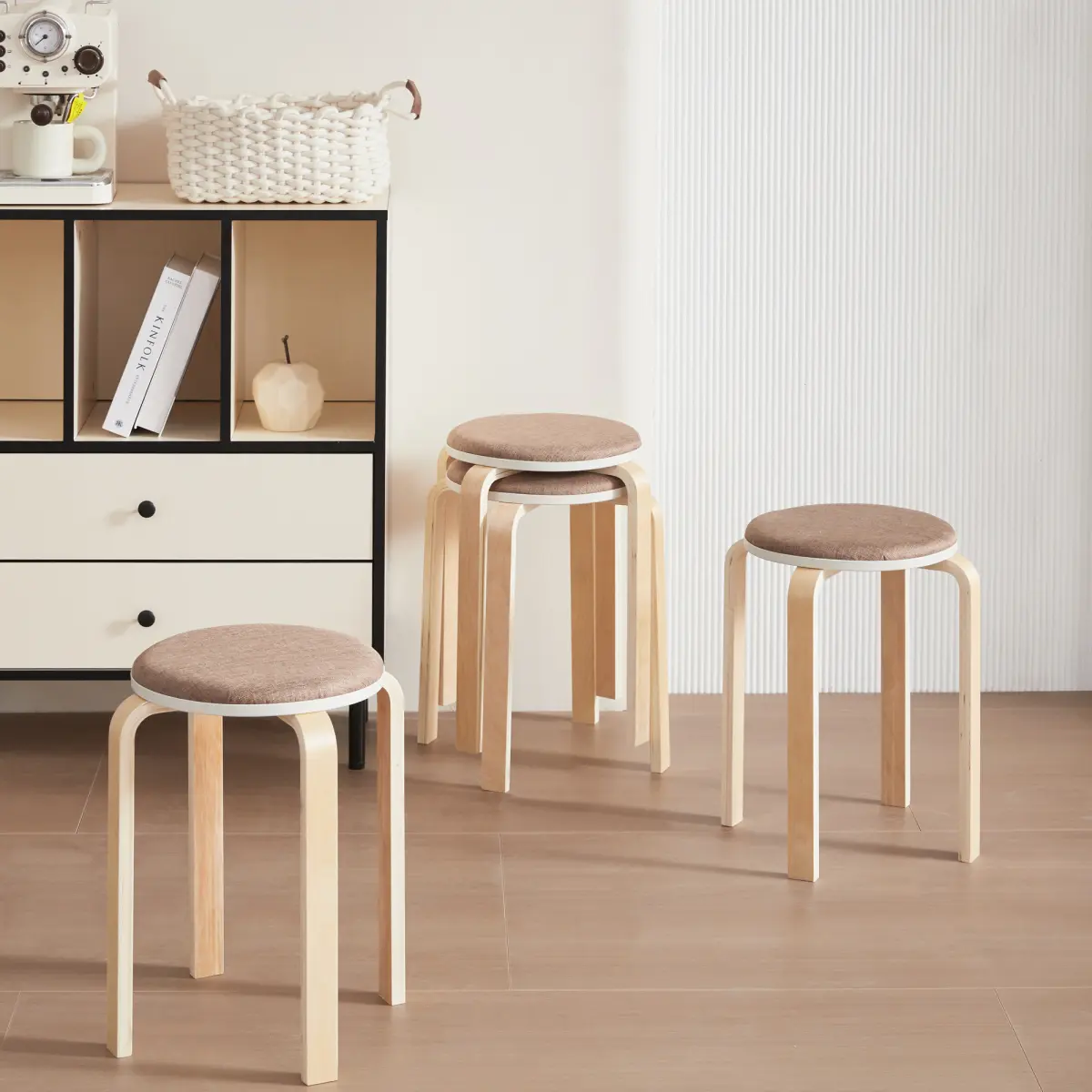 4-Piece Stackable Round Backless Dining Chairs - 11.81*11.81*18.5 Inch, 330 lbs Capacity, Aesthetic Indoor Seating for Adults (Coffee Color, Ideal for Dining Room, Kitchen)