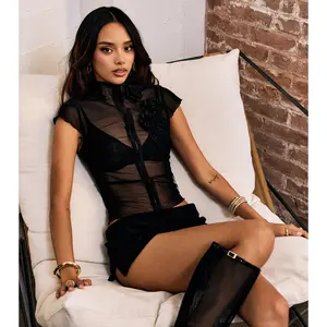 Midnight Bloom Mesh Rose Appliqué Top