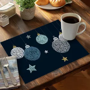 360 Stand Rectangular Blue Polyester Placemat - 14x18 in., Stain-Proof, Ball Print, Traditional Christmas Themed Kitchenware for Home Decor Tableware
