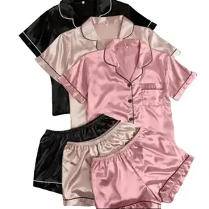 Casual Fashion 6-Pack Satin Pajama Set – Solid Short Sleeve Shirt & Elastic Waist Shorts, Soft & Comfortable Loungewear