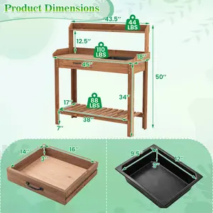 COSTWAY - Outdoor Wooden Garden Table Work Station with Storage Shelves and Drawer-Coffee