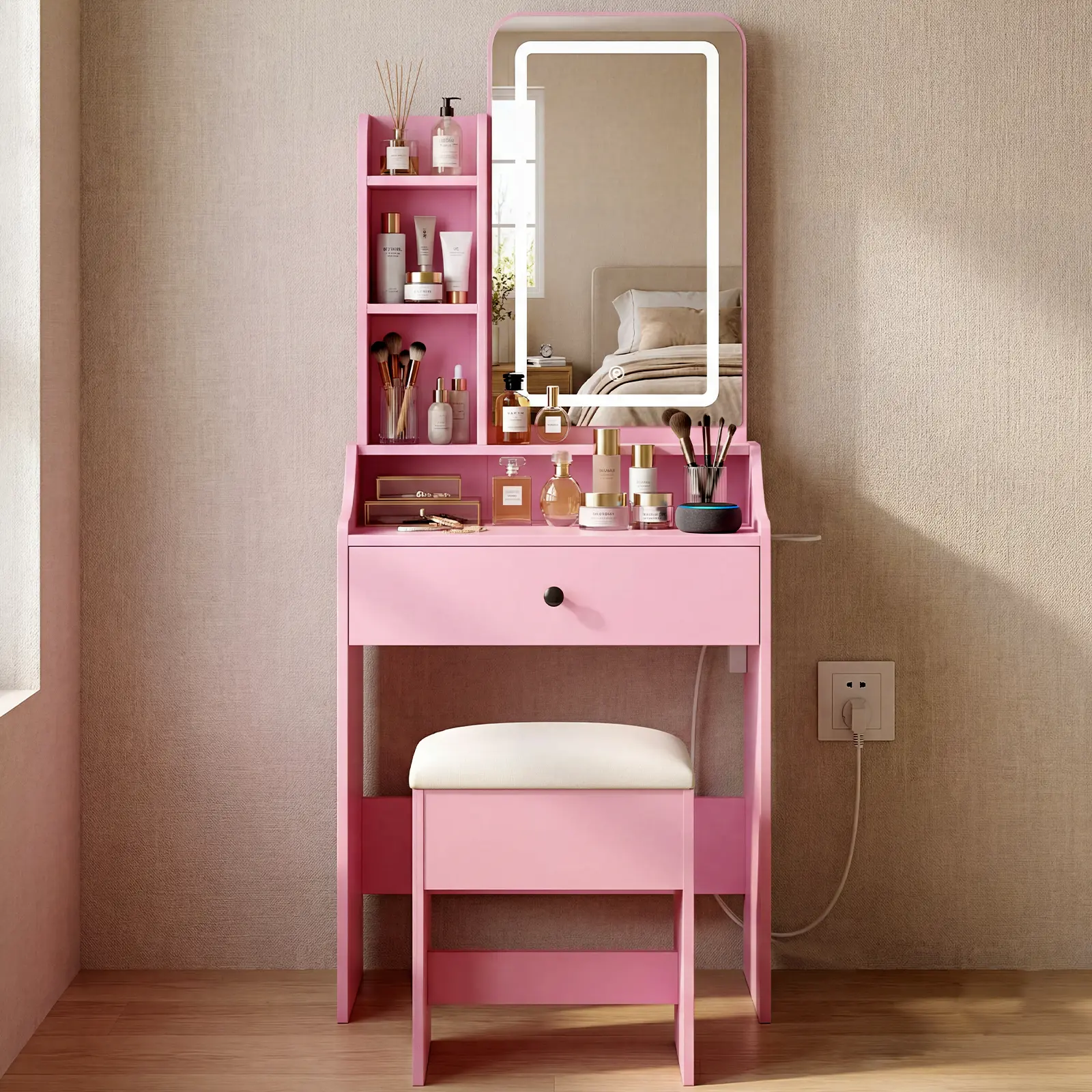 Small Makeup Vanity Desk with Dimmable Lighted Mirror, Vanity Table Set, Storage Drawers, Shelves & Stool for Bedroom