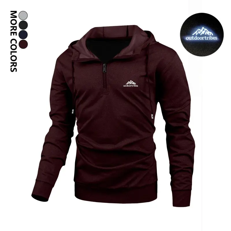 Men's Solid-Color Half-Zip Hooded Sweatshirt - Menswear, Casual Long-Sleeve Gym Hoodie with Chest Reflective Print for Everyday Wear & Outdoor Activities