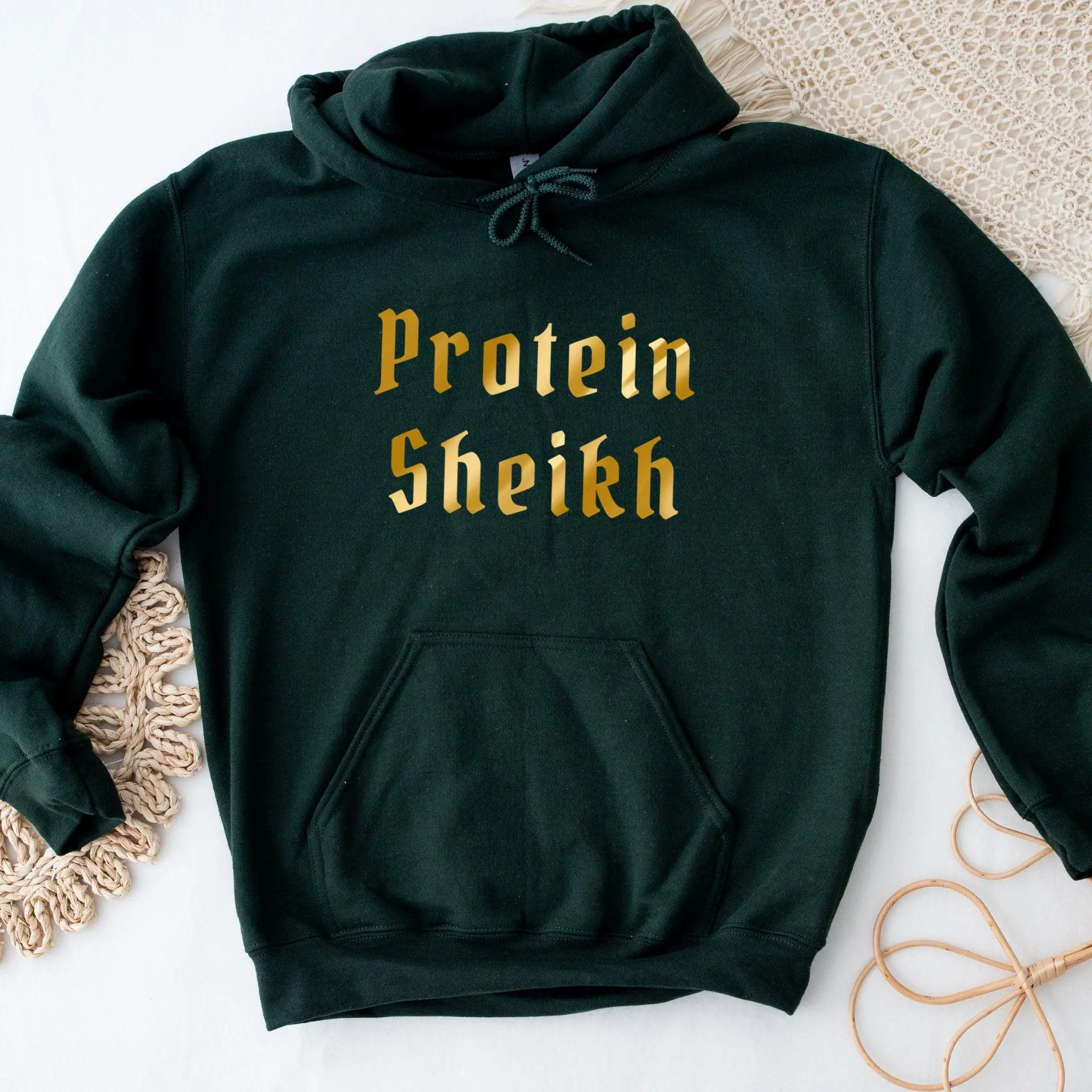 GOLD Protein Sheikh Hoodie by Humraha | Desi Arab Muslim Fashion Apparel Gifts for Ramadan Eid Nikkah Wedding Couples Families New Moms Aunts Uncles Grandparents | Pakistan India Bangladesh Palestine Lebanon Egypt Syria