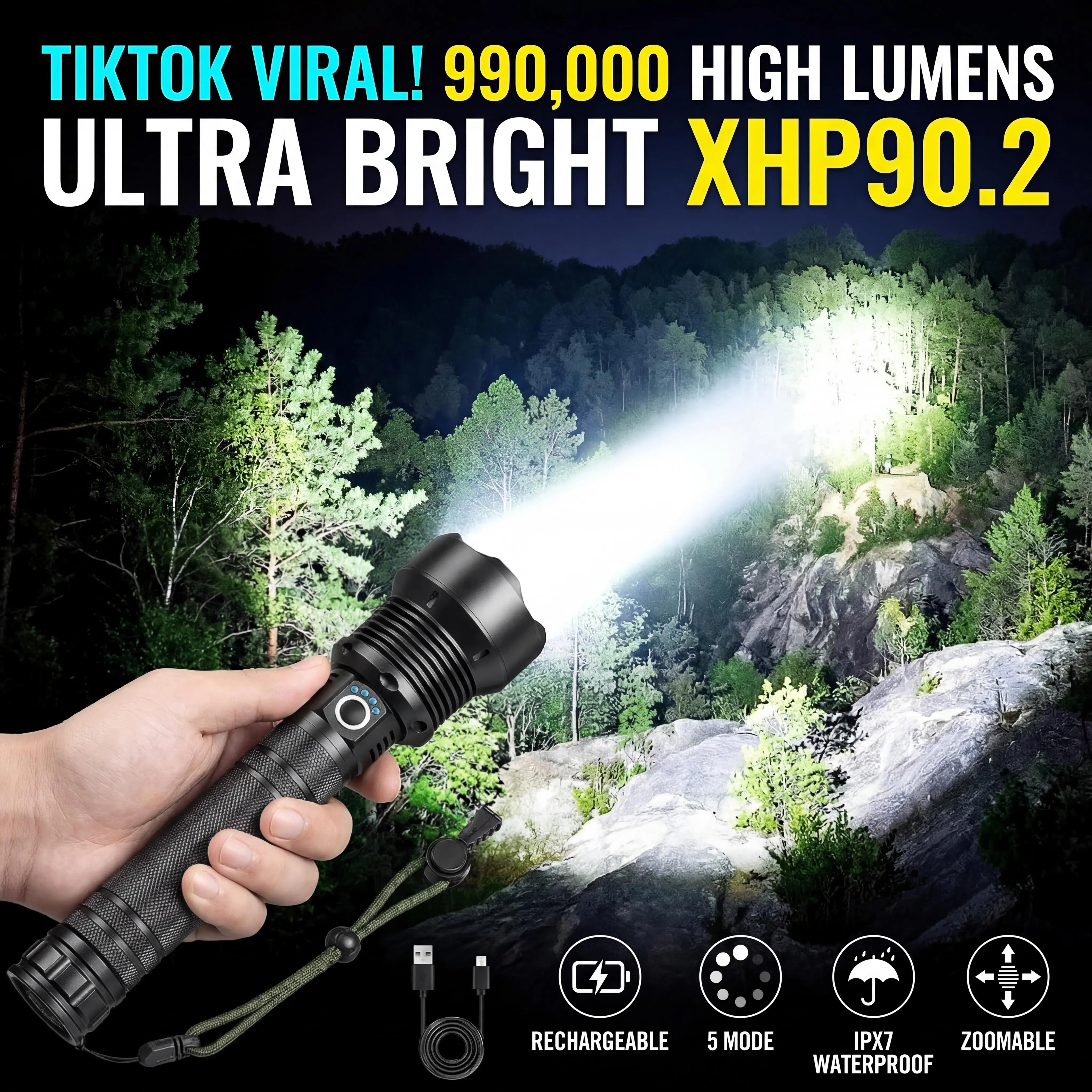 Rechargeable XHP90.2 LED Flashlight, Multifunctional Tactical Searchlight with High Lumen Brightness, 5-Mode IPX7 Waterproof Zoomable Torch Light for Camping, Emergency Use, Hiking & Light Outdoor Activities
